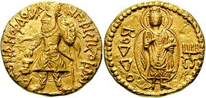 Gold coin of Kushan emperor Kanishka I (c.100&ndash;126 CE) with a Hellenistic representation of the Buddha, and the word "Boddo" in Greek script.